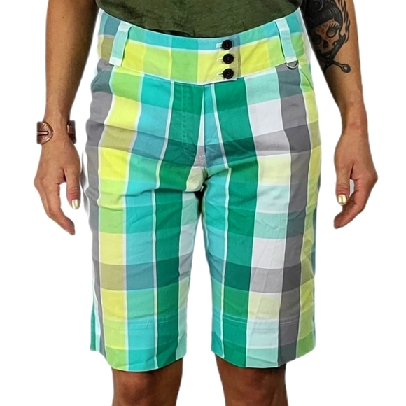 Lija Knee Length Green Yellow Plaid Bermuda Shorts Size 8 - Picture 1 of 5